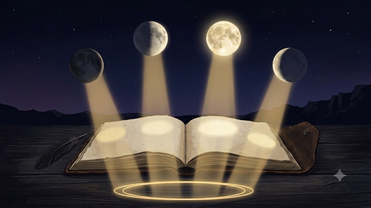 Four moon phases each casting a distinct gold beam onto one open journal, the beams joining into a loop — four written tasks forming one feedback cycle