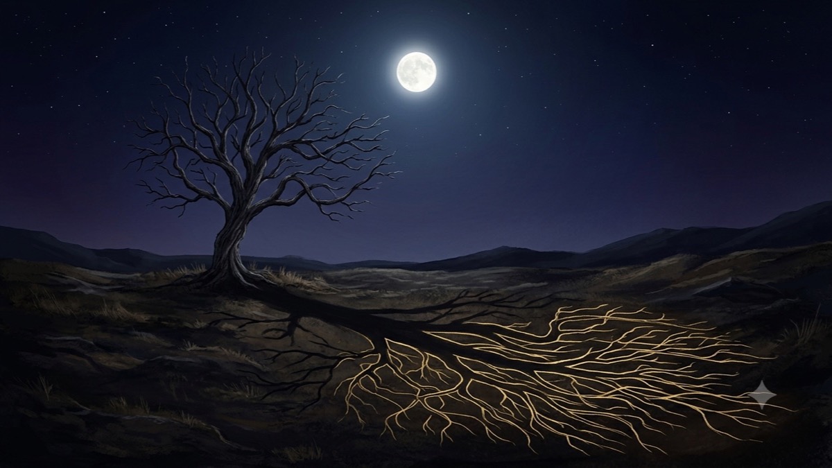 A moonlit tree whose shadow reveals a glowing gold root system underground — tracing surface reactions back to their root patterns