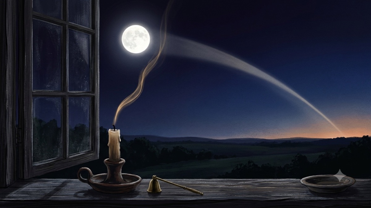An extinguished candle with smoke rising toward a full moon and light arcing toward dawn — the 48-hour integration window after a ritual