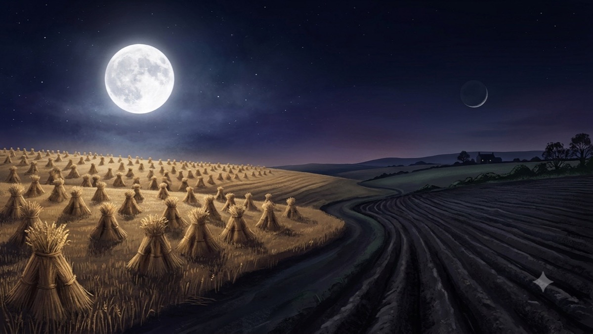 A harvest field under a full moon opposite empty turned soil under a dark new moon — release and completion versus planting intentions