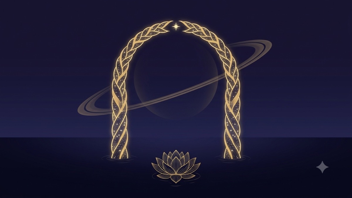 Braided golden threads form an archway over dark water framing a shared star, backed by a ringed planet