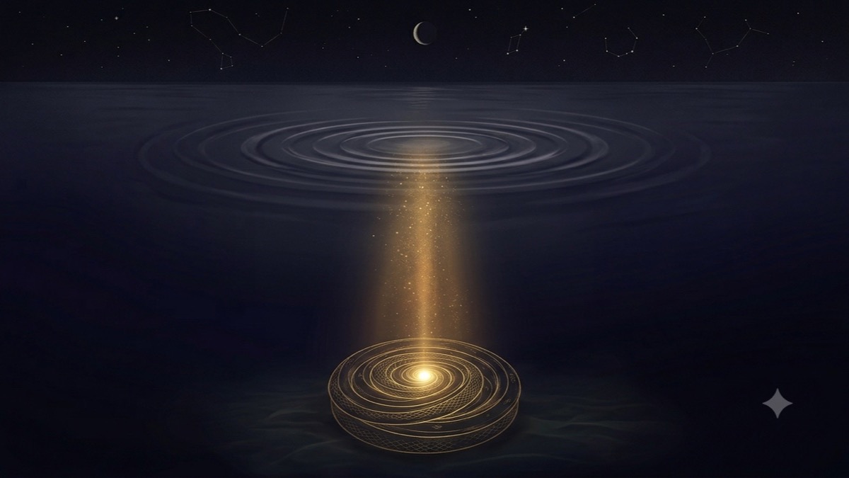 A gold serpent coiled in a spiral beneath dark water, compressing toward one bright point of light