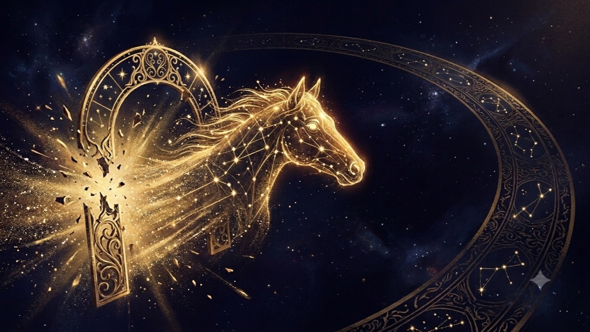 A constellation horse head charging through the zodiac's first gate, trailing a comet tail of gold stardust
