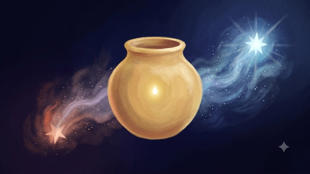 A glowing golden vessel holds a bright seed between a fading star and a rising one