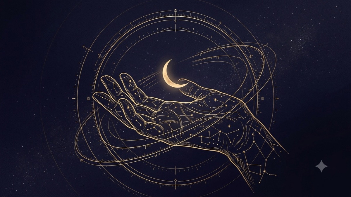 An open constellation hand cradles a crescent moon, ringed by fine measuring threads