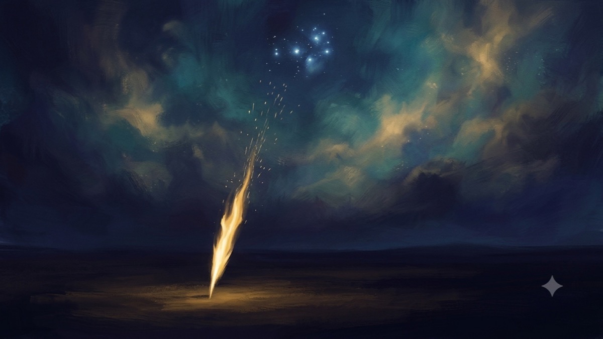 A single sharp blade of golden flame rising from a dark plain toward a tight bright star cluster, throwing fine sparks.