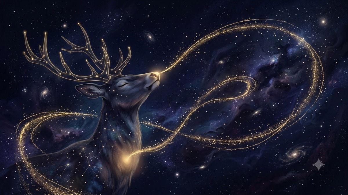 A constellation deer follows a winding gold scent trail that loops back to its own chest