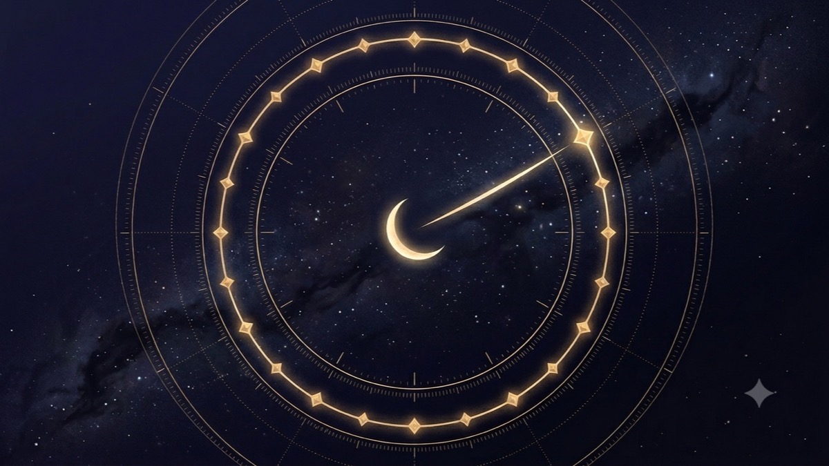 Ring of 27 gold lunar stations as a celestial clock, a crescent moon hand pointing to one station