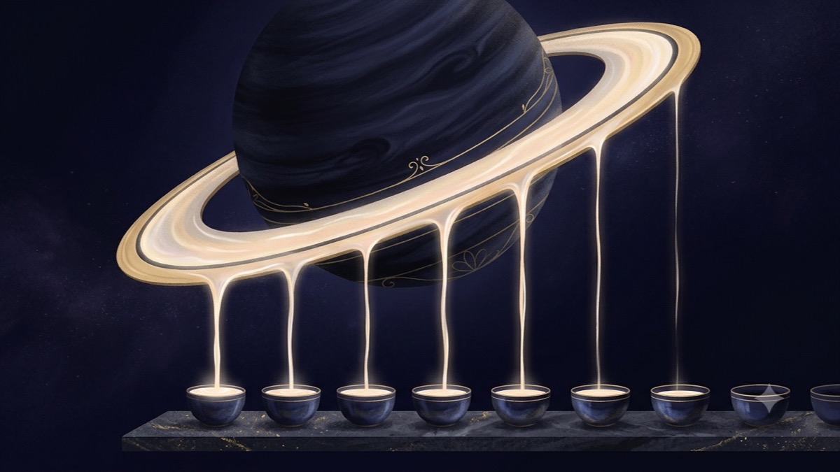 A ringed planet as a bowl pouring steady streams of golden light into small cups below