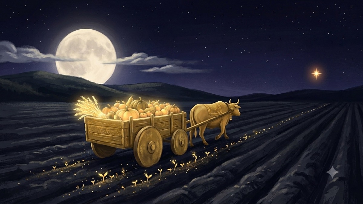 A golden ox-cart heaped with glowing harvest under a full moon, gold shoots sprouting in its wake