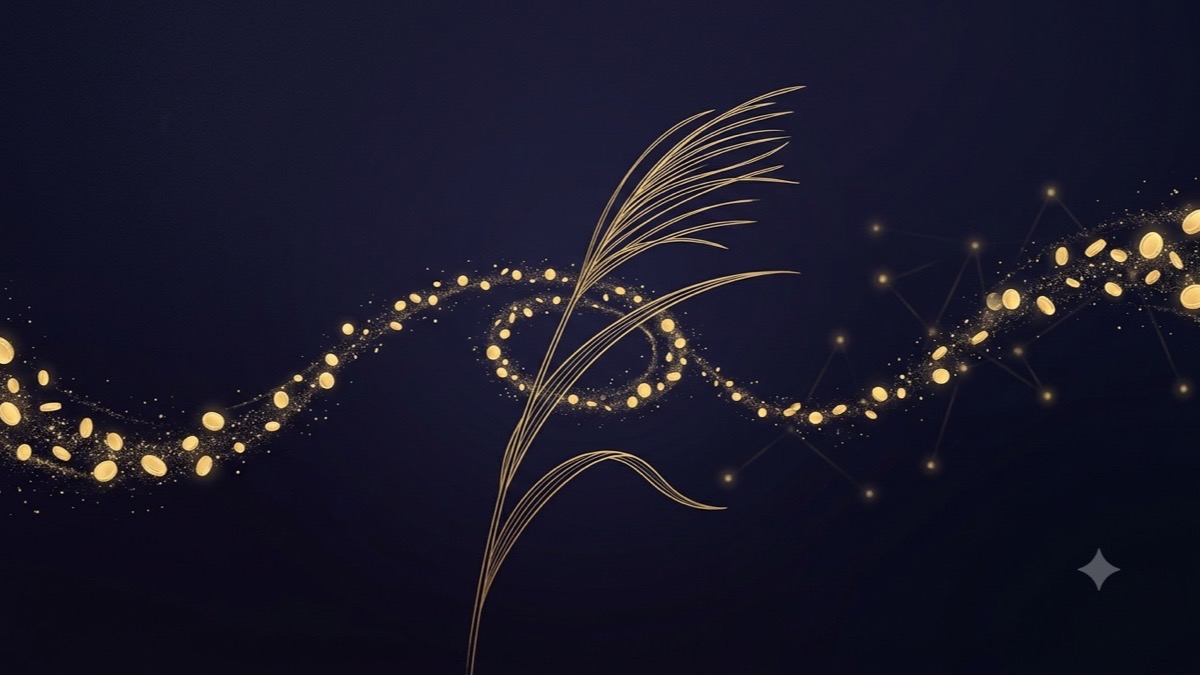 A blade of grass bends in the wind as luminous coin-like orbs flow past without pooling