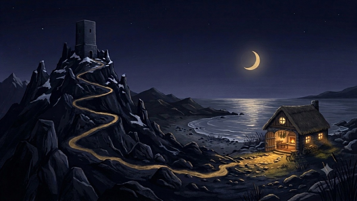 A path descending from a solitary mountain watchtower to a warm-lit cottage beside moonlit water