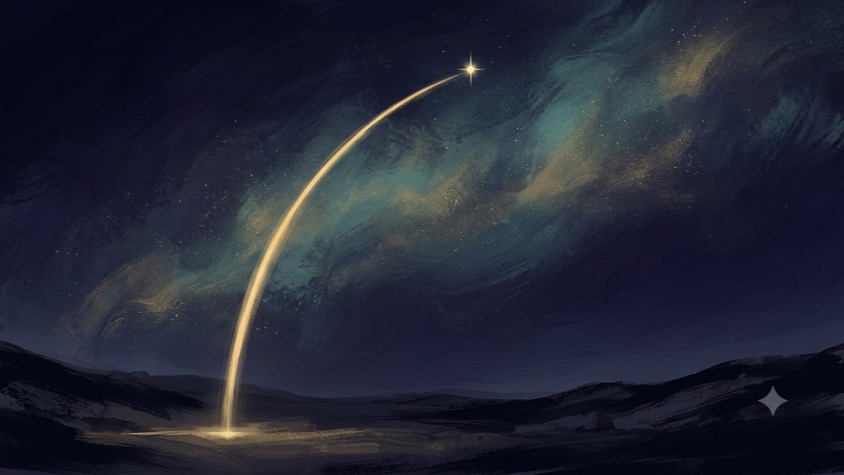 A luminous gold arc sweeping from a faint point on the ground up to one bright star high in the night sky.