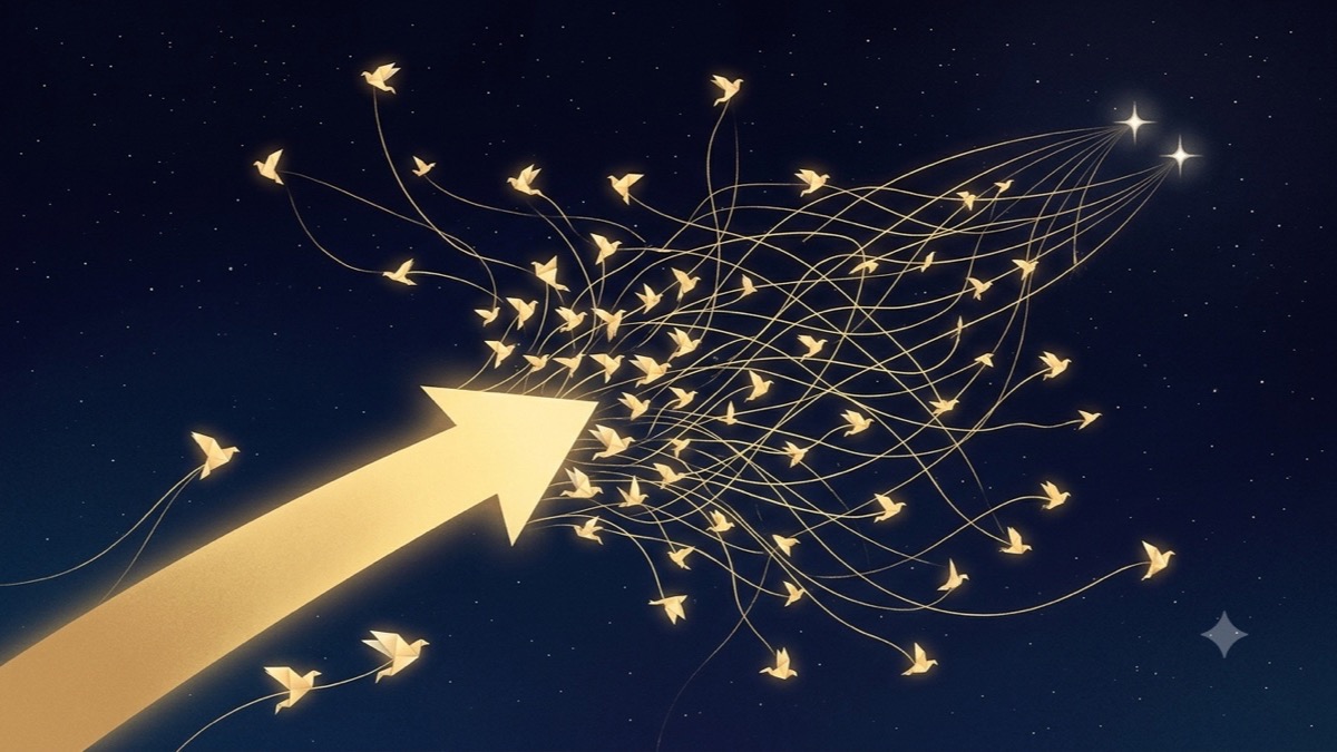 A single grand arrow dissolving mid-flight into many small birds branching in different directions