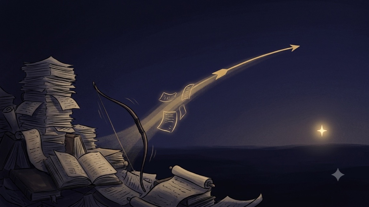 A gold arrow leaving stacks of unread pages behind and arcing toward a single distant beacon star