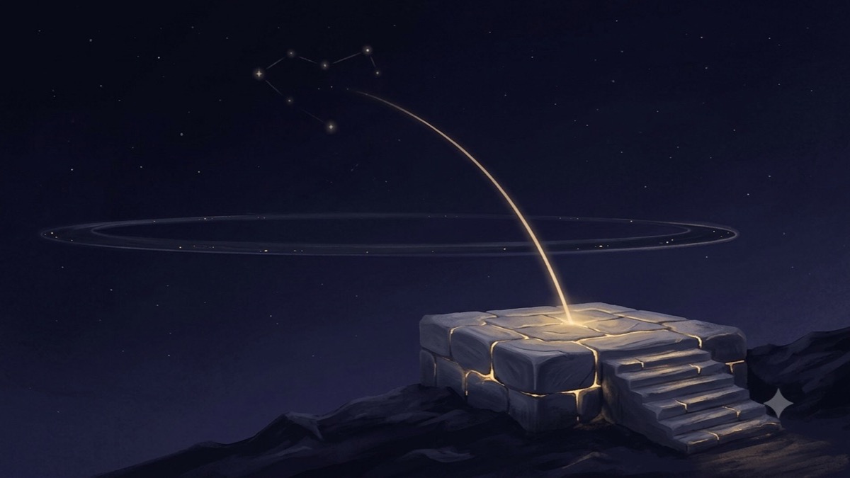 A worn, glowing stone platform launching an arc of light toward a faint distant constellation