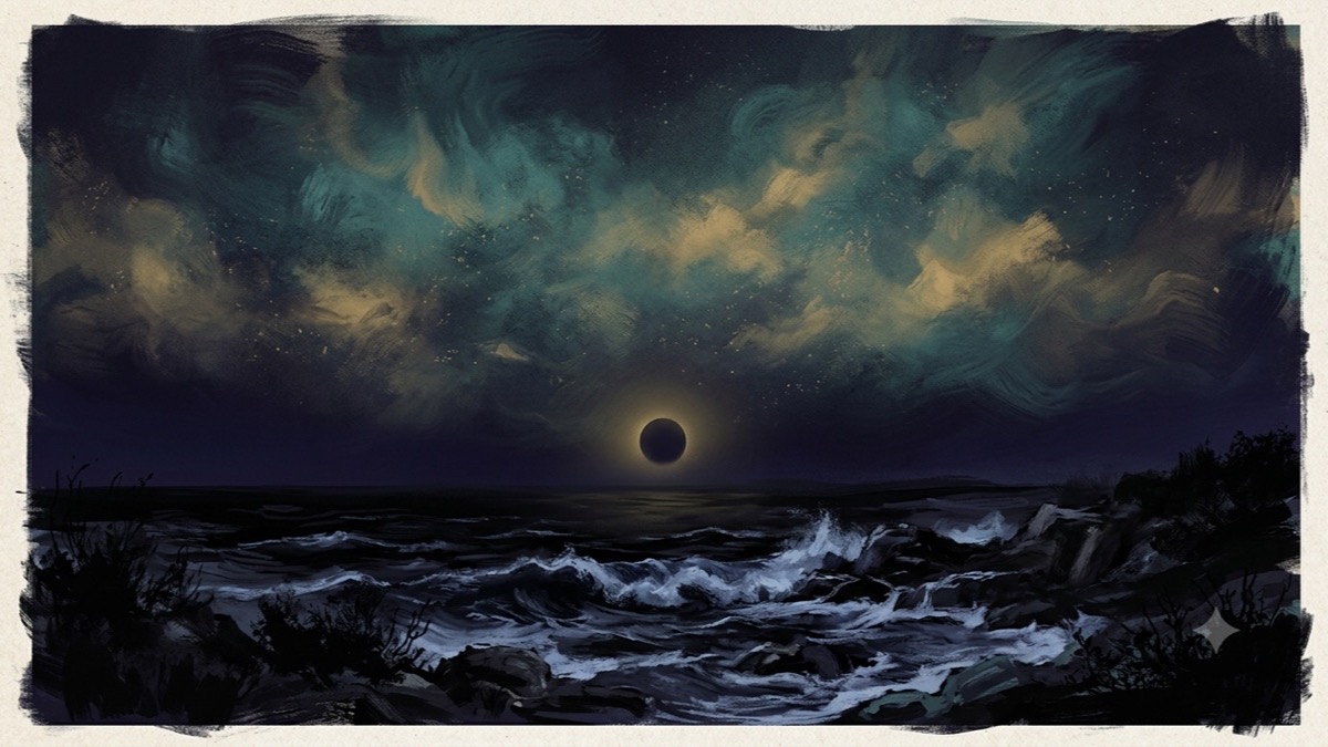 A single dark luminous point low on a moonless horizon over wild black water, a shadowed glow around an emptiness.