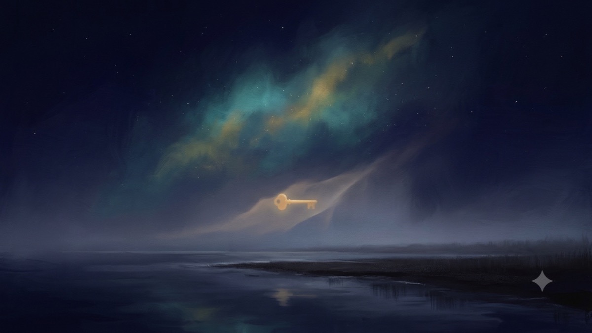 A soft glowing gold key half-hidden behind a sheer veil at the pre-dawn edge of the sky, over still water.