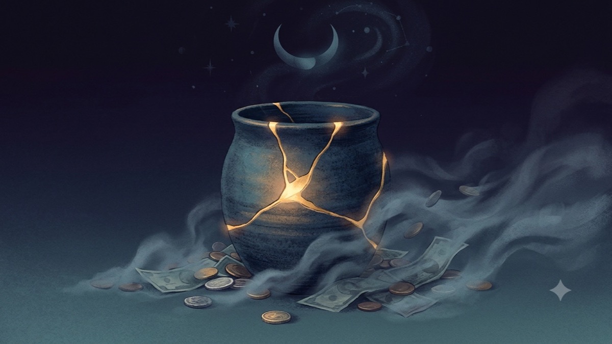 A ceramic vessel mended with glowing gold seams stands firm while coins dissolve into mist, symbolizing the Chiron in Taurus wound of worth beneath money.