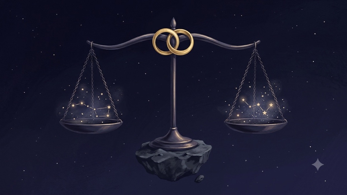 Two interlocked golden rings on a balanced scale with an asteroid at its fulcrum, symbolizing Juno's themes of commitment and power balance.
