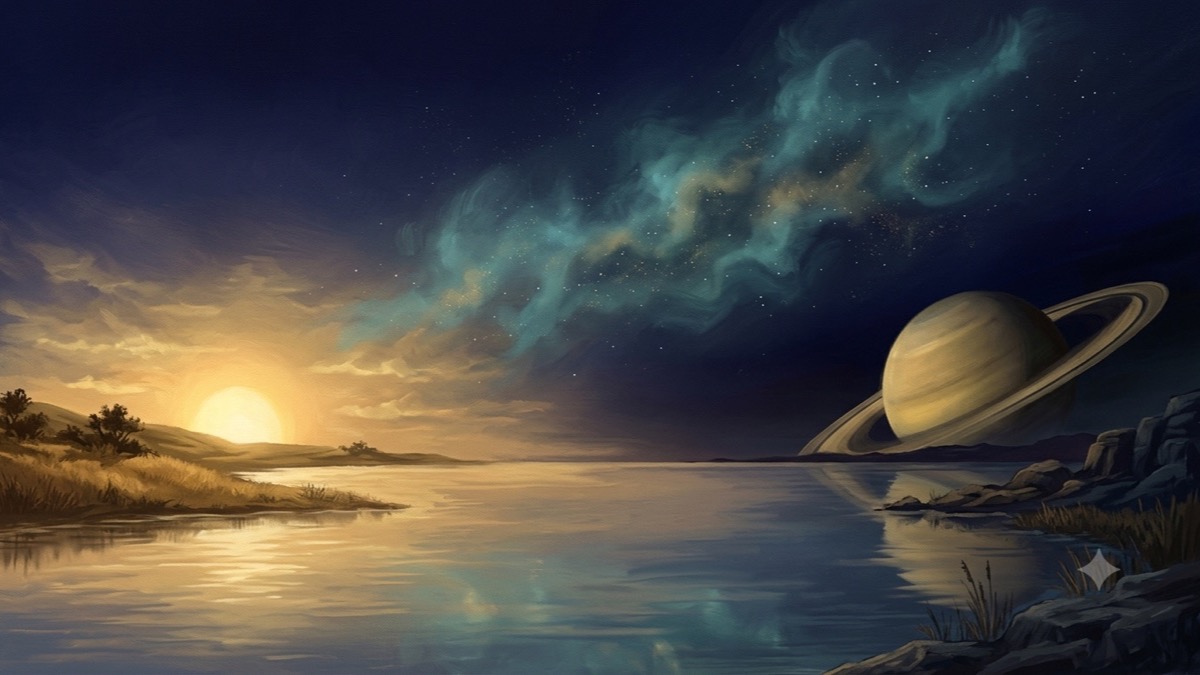 A radiant rising sun on one horizon and a heavy ringed planet on the opposite edge, in tense balance across the night sky.