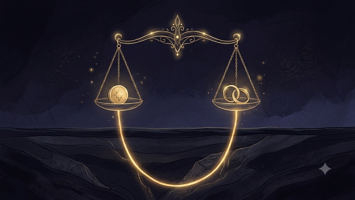 A calm golden scale holds a coin in one pan and two rings in the other, joined underneath by one hidden glowing cord, symbolizing the shared Mars rulership linking money and partnerships for Libra rising.