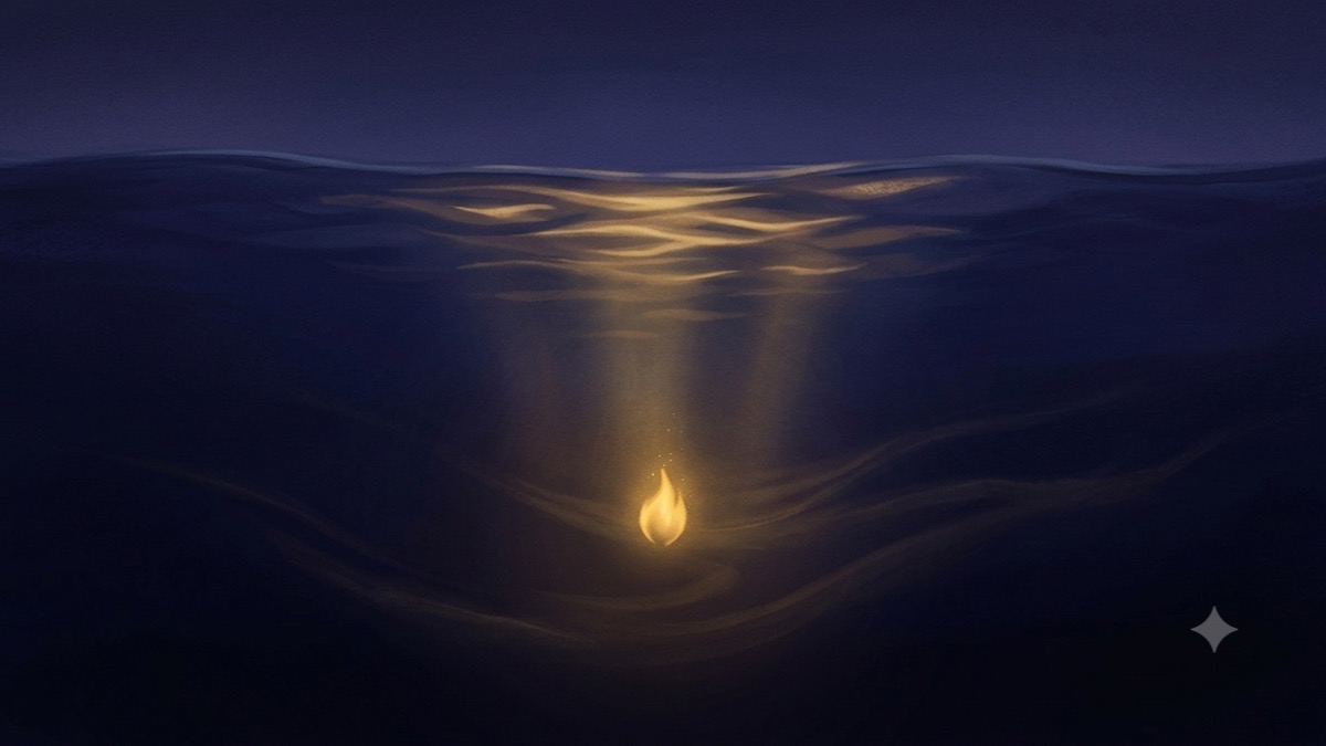 A golden ember burns beneath calm dark water, its glow rising through the still surface, symbolizing the submerged drive of Mars in the 12th house.