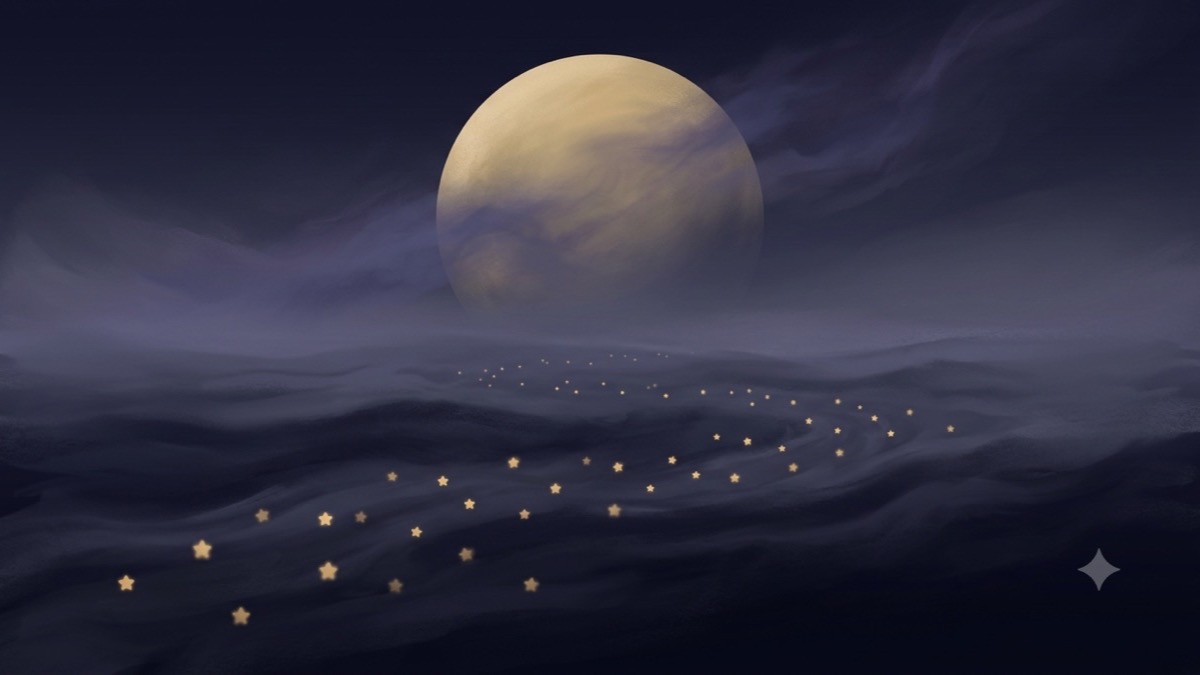 A hazy planet above a misty ocean where many small golden lights drift in one shared current, symbolizing the Neptune in Pisces generational field.
