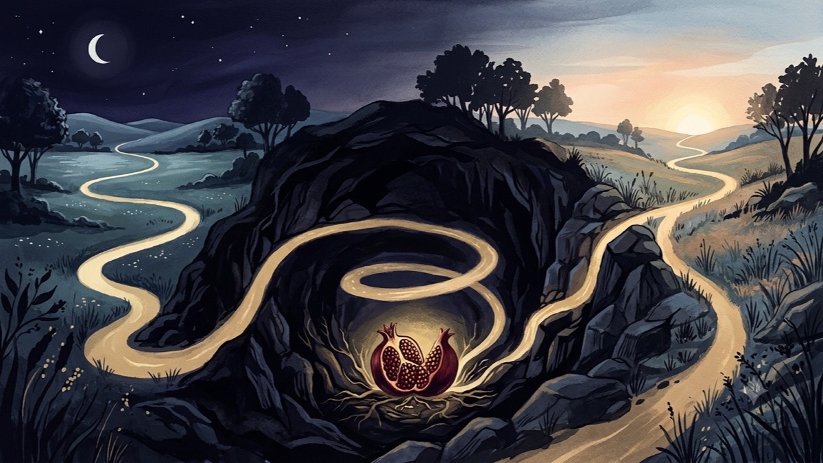 A glowing path descends underground past a split pomegranate with golden seeds and rises again toward dawn, symbolizing Persephone's cycle of descent, change, and altered return.