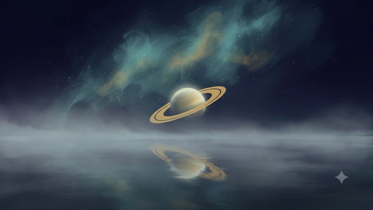 A heavy gold ringed planet hanging low in dissolving fog over still misty water, its reflection breaking apart on the surface.