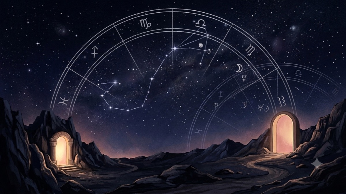 A scorpion constellation over a house wheel where two doorways glow with warm golden light, symbolizing Venus quietly ruling the 7th and 12th houses for Scorpio rising.