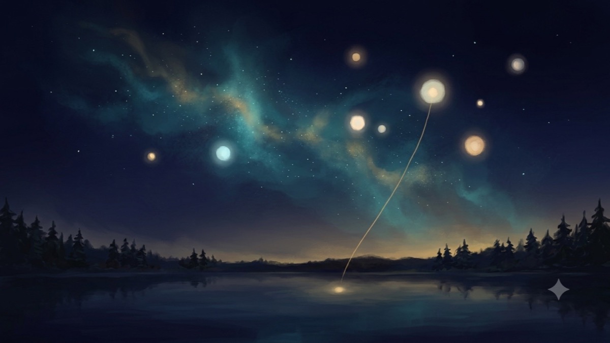 夜空中散布着一族大小冷暖不一的柔光星体，一缕微弱的金光垂向静湖边那处隐隐发光的脆弱角落。