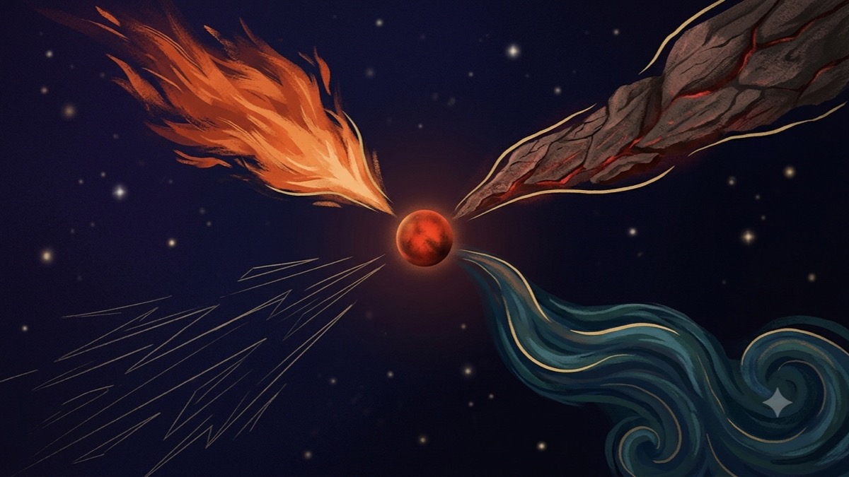 发光的火星球体向外辐射火、土、风、水四道元素能量流,象征四种愤怒风格。