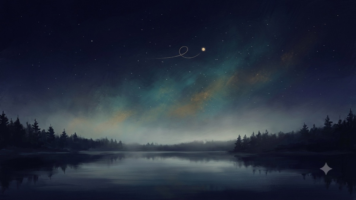 A small planet tracing a faint gold loop high in the sky while soft moonlight diffuses into low haze over a still lake.