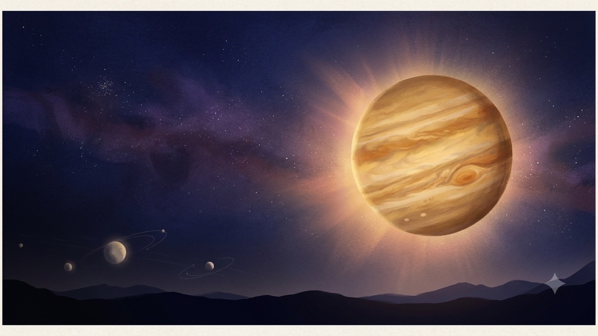 A large warm-gold planet rising as the focal point of a deep indigo sky, with smaller dim bodies quietly turning at the edges.