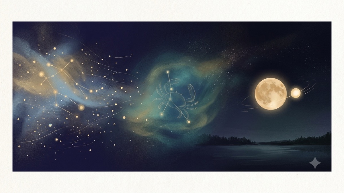 A left-to-right celestial arc from scattered Gemini light into deeper Cancer tones, ending on a full moon beside a turning planet.