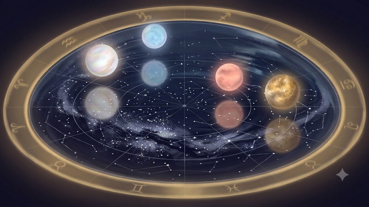 移动的行星在固定的圆形星盘上方飘移，光点落在下方静止的底盘上。