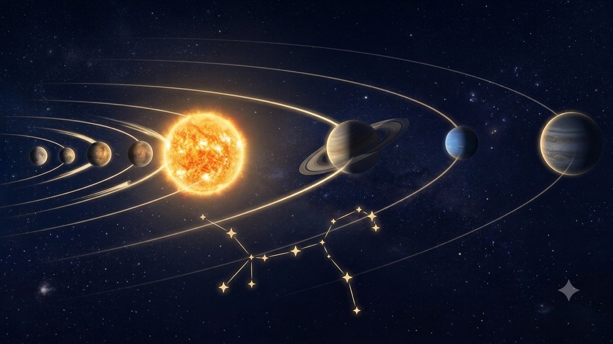 深靛蓝星空中,一组定格的金色星座衬着快慢不一的行星划出明暗不同的轨道弧线。