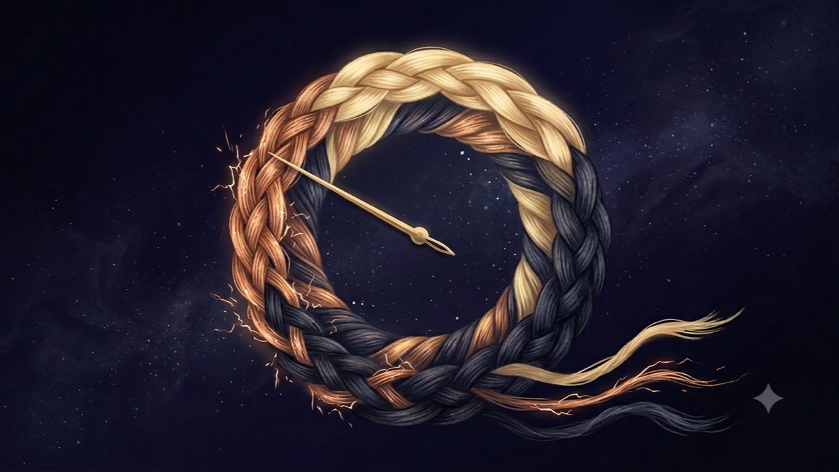 A circular dial braided from three contrasting threads — luminous, sparking, and heavy — with a gold needle caught mid-turn