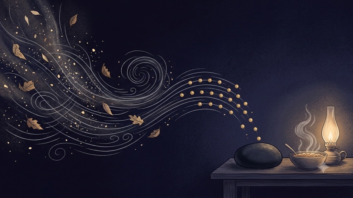 Wind-blown leaves and scattered particles settling into a steady rhythm of gold beads around a warm bowl, oil lamp, and grounding stone