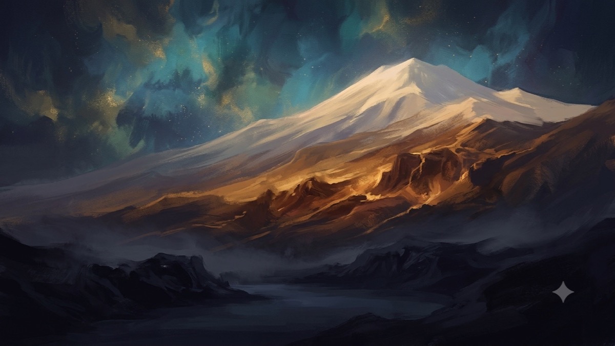 One mountainside rising from a dark still valley through a fiery amber slope to a calm luminous peak under a nebula sky.