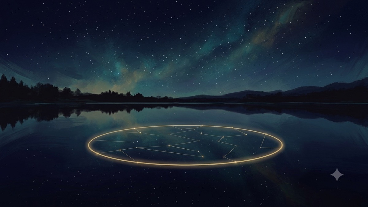 静湖映出异常致密精确的恒星,水面上一圈淡金色光环正从倒影中凝聚成形,仿佛真实天空自行生成星图。