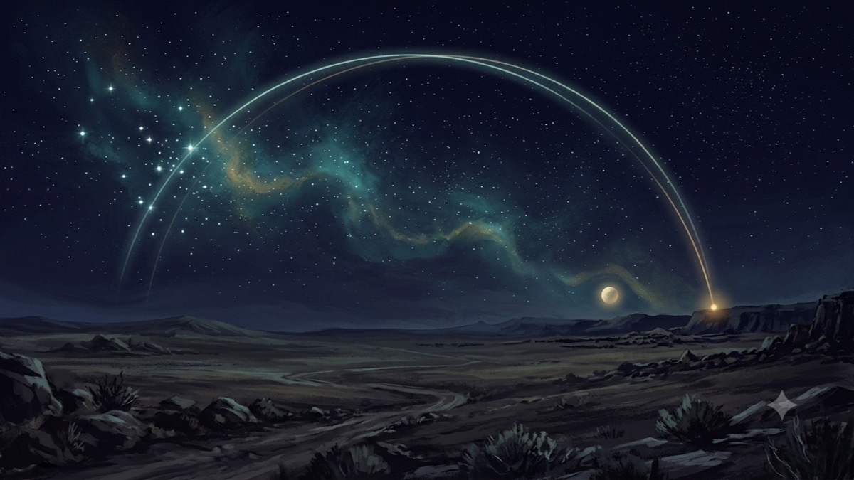 夜空中两道微弱的大弧光略有偏角交错，一道锚定背景恒星，一道锚定地平线上回归点的暖金光。